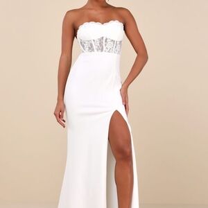 Lulus Sultry Persona White Lace Strapless Bustier Mermaid Maxi Dress - Size S